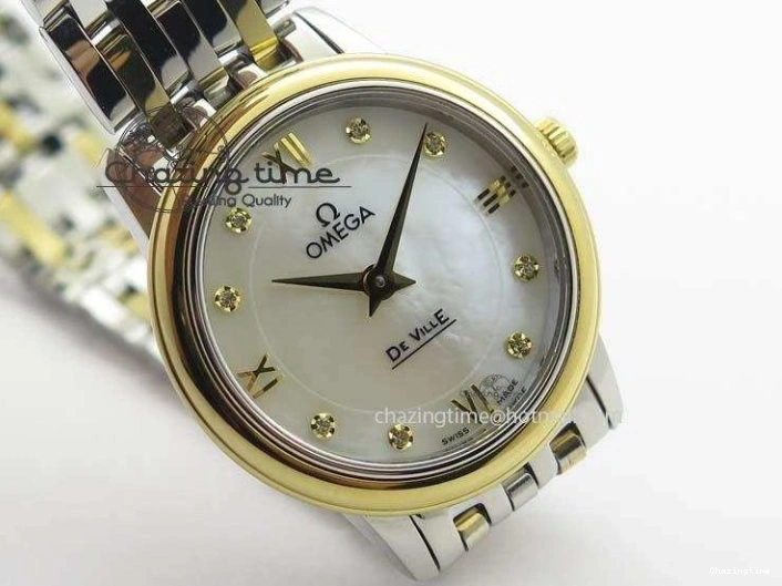 0503 OnTrend De Ville 27mm SS YG Ladies MK 1:1 Best Edition White MOP Dial Diamond Markers On SS Bracelet Ronda Quartz 8187